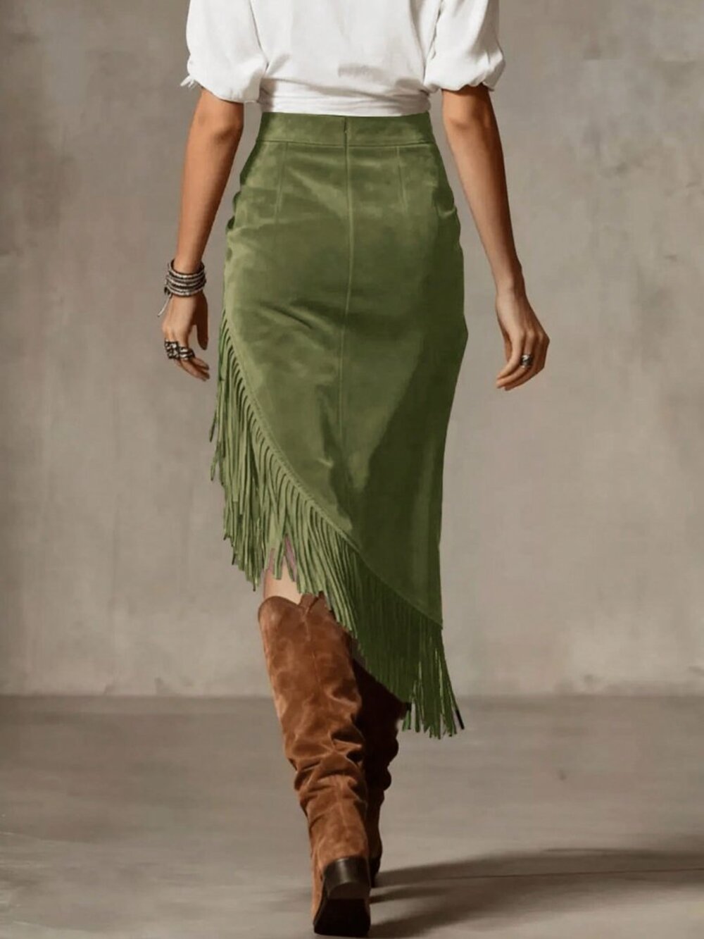 Green Casual Women's High Waist Midi Fringe Asymmetrical Zipper Skort - Picture 2 of 3